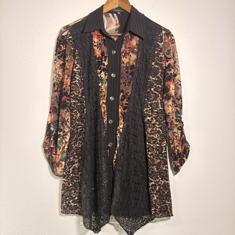 Calessa Button-Up Blouse Tunic Top Mixed Media Burn Out Animal Print Boho Artsy